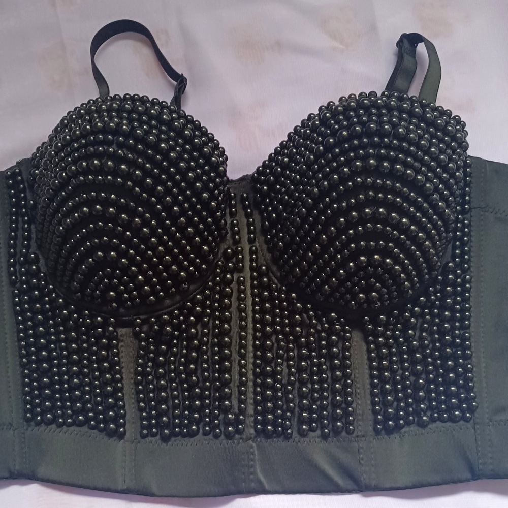 Black Rhinestone Embellished Push-Up Bra